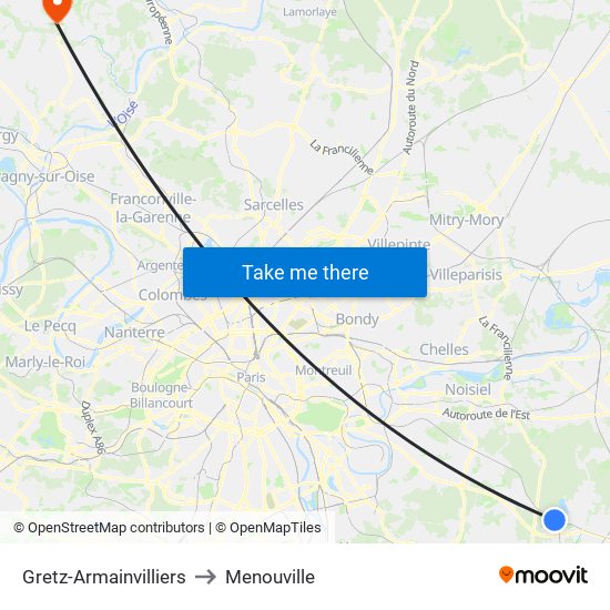 Gretz-Armainvilliers to Menouville map
