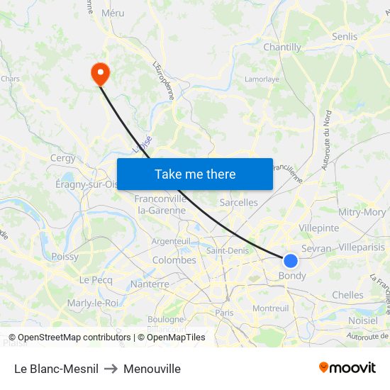 Le Blanc-Mesnil to Menouville map