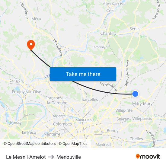 Le Mesnil-Amelot to Menouville map