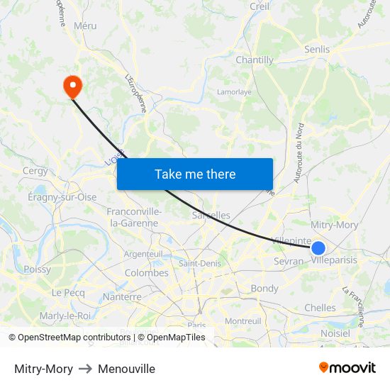 Mitry-Mory to Menouville map