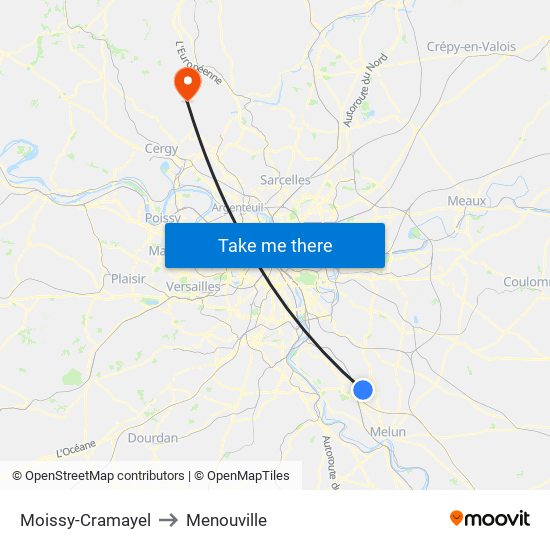 Moissy-Cramayel to Menouville map