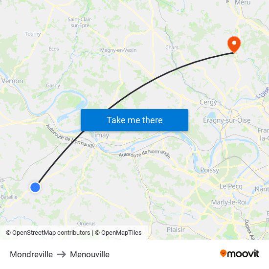 Mondreville to Menouville map