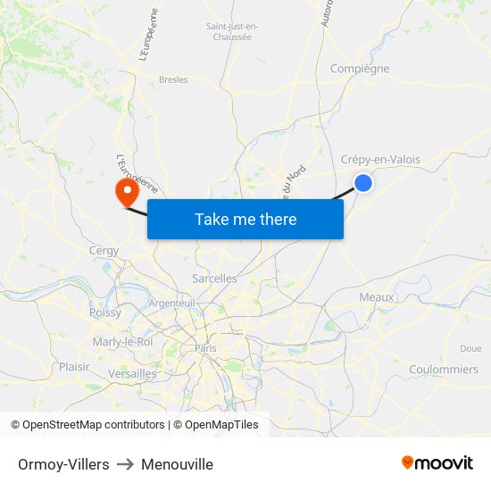 Ormoy-Villers to Menouville map