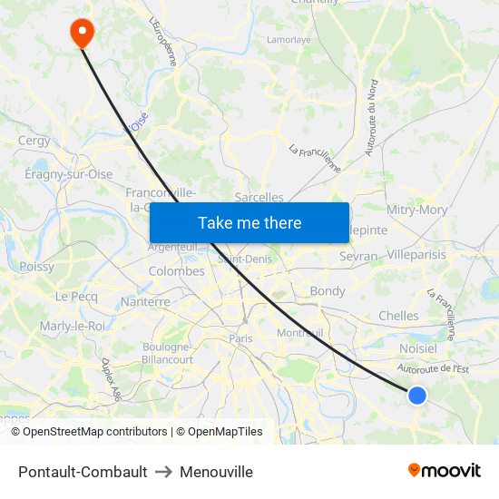 Pontault-Combault to Menouville map