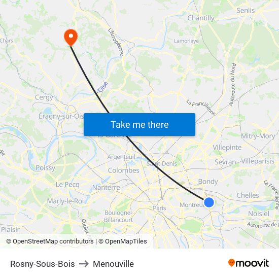 Rosny-Sous-Bois to Menouville map