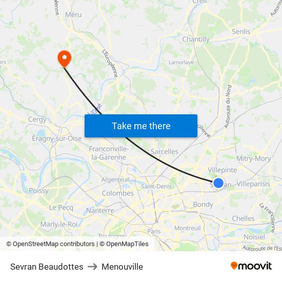 Sevran Beaudottes to Menouville map