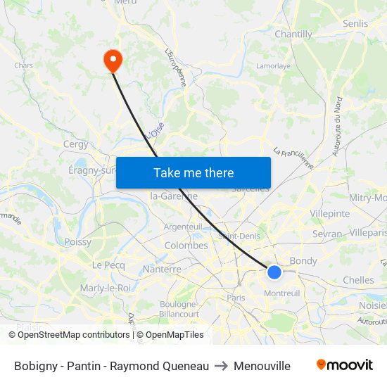 Bobigny - Pantin - Raymond Queneau to Menouville map