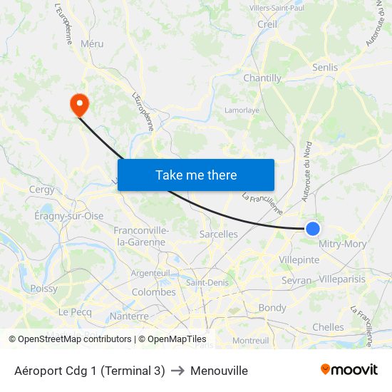 Aéroport Cdg 1 (Terminal 3) to Menouville map