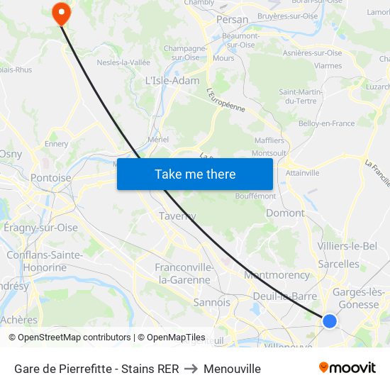 Gare de Pierrefitte - Stains RER to Menouville map