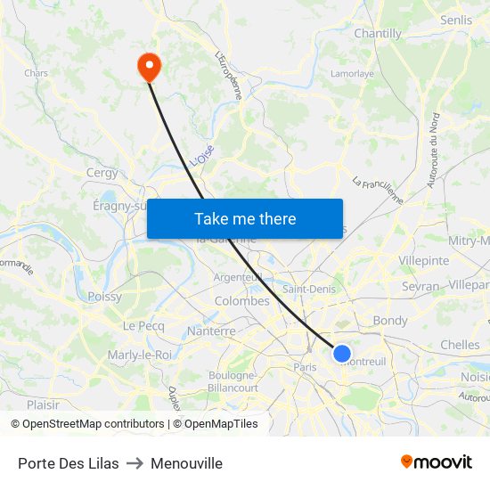 Porte Des Lilas to Menouville map