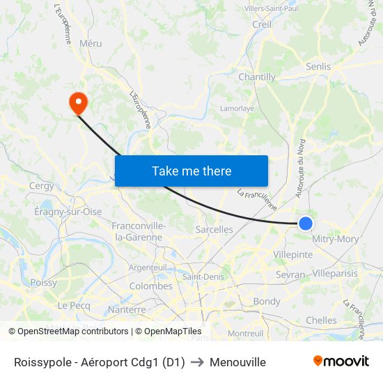 Roissypole - Aéroport Cdg1 (D1) to Menouville map