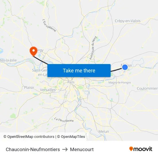 Chauconin-Neufmontiers to Menucourt map