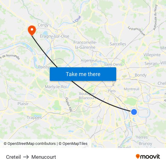 Creteil to Menucourt map