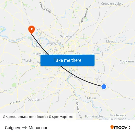 Guignes to Menucourt map