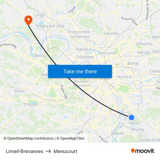 Limeil-Brevannes to Menucourt map