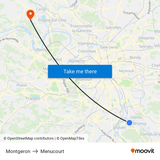 Montgeron to Menucourt map