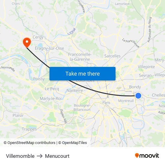Villemomble to Menucourt map