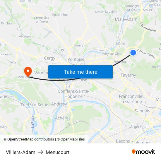 Villiers-Adam to Menucourt map