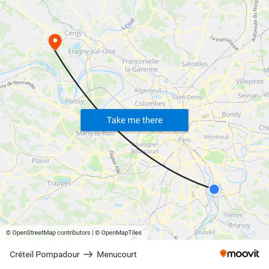 Créteil Pompadour to Menucourt map