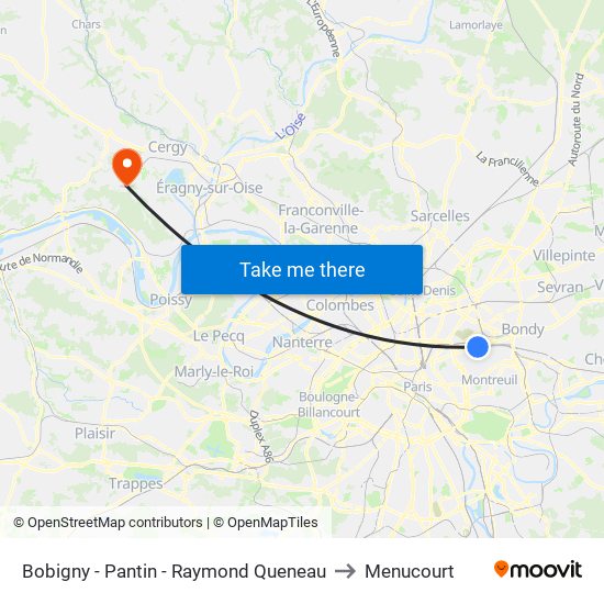 Bobigny - Pantin - Raymond Queneau to Menucourt map