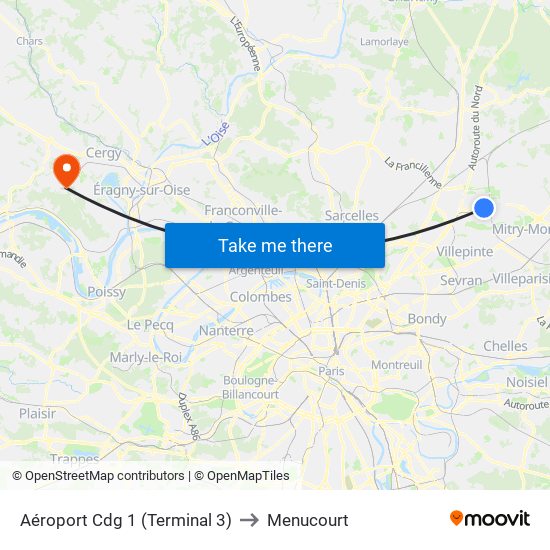 Aéroport Cdg 1 (Terminal 3) to Menucourt map