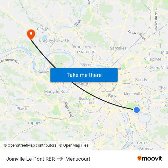 Joinville-Le-Pont RER to Menucourt map