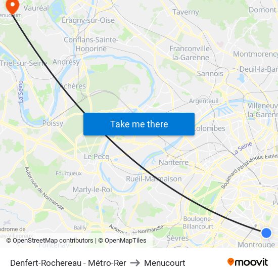 Denfert-Rochereau - Métro-Rer to Menucourt map