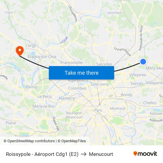Roissypole - Aéroport Cdg1 (E2) to Menucourt map