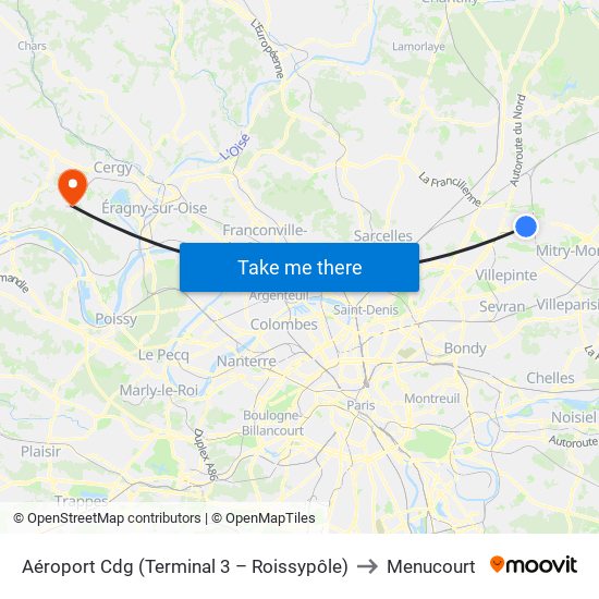 Aéroport Cdg (Terminal 3 – Roissypôle) to Menucourt map