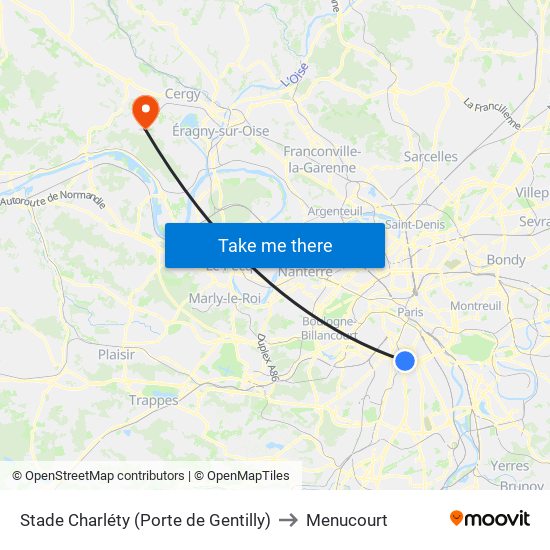 Stade Charléty (Porte de Gentilly) to Menucourt map