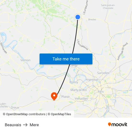 Beauvais to Mere map
