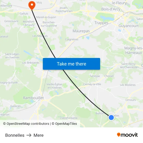 Bonnelles to Mere map