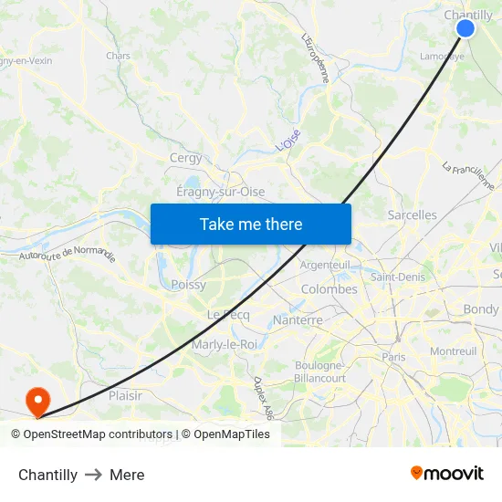 Chantilly to Mere map