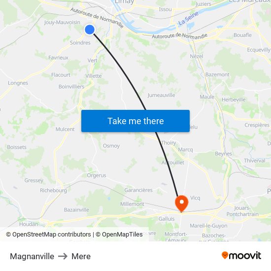 Magnanville to Mere map