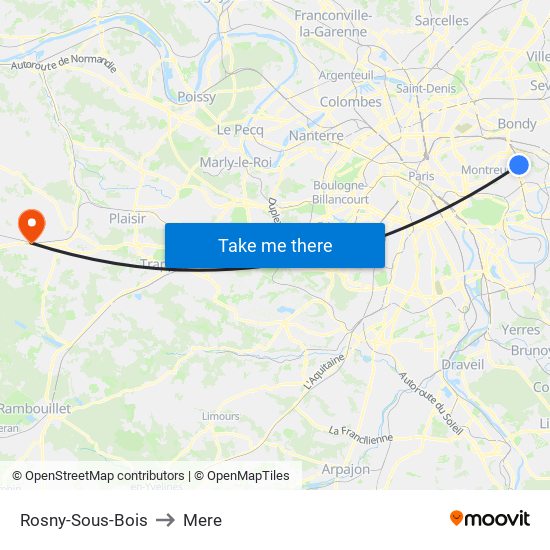 Rosny-Sous-Bois to Mere map