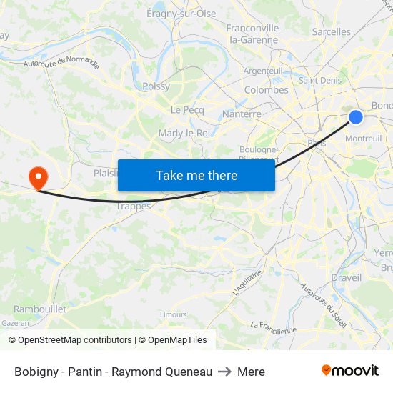 Bobigny - Pantin - Raymond Queneau to Mere map