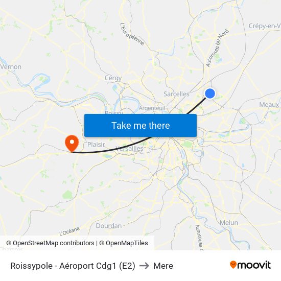 Roissypole - Aéroport Cdg1 (E2) to Mere map