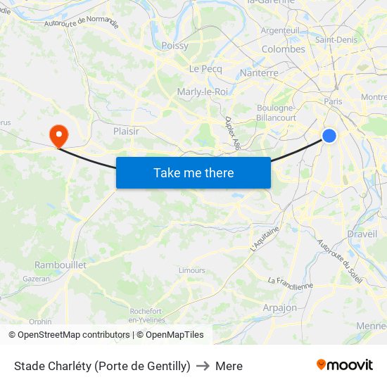 Stade Charléty (Porte de Gentilly) to Mere map