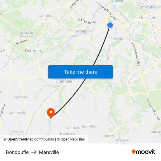 Bondoufle to Mereville map