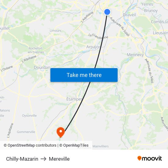 Chilly-Mazarin to Mereville map