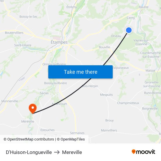 D'Huison-Longueville to Mereville map