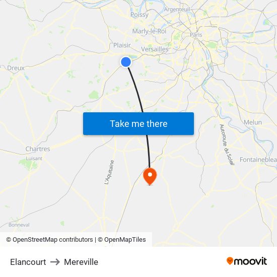 Elancourt to Mereville map