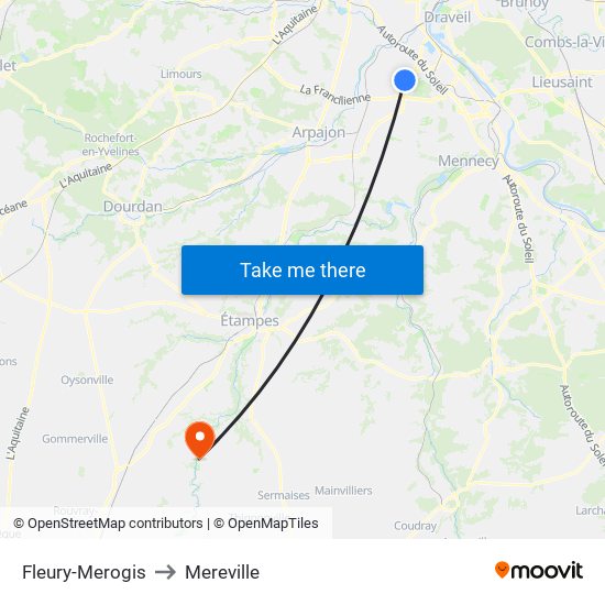 Fleury-Merogis to Mereville map