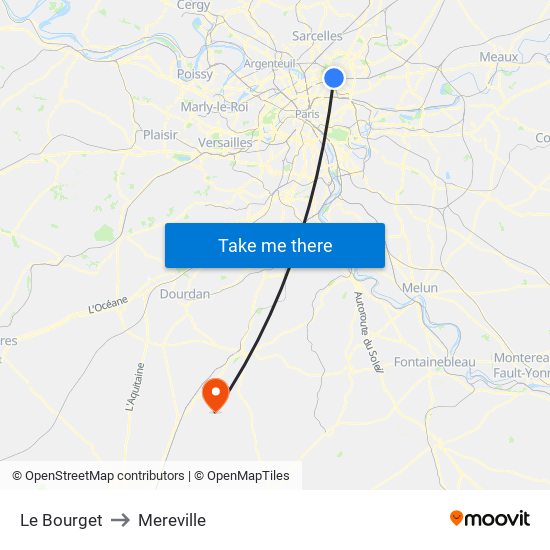 Le Bourget to Mereville map
