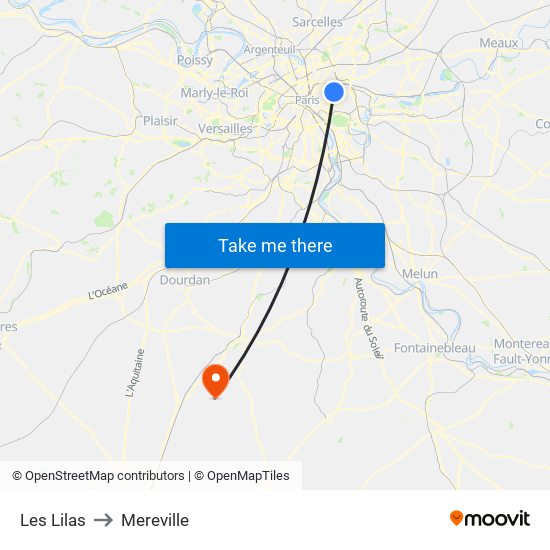 Les Lilas to Mereville map