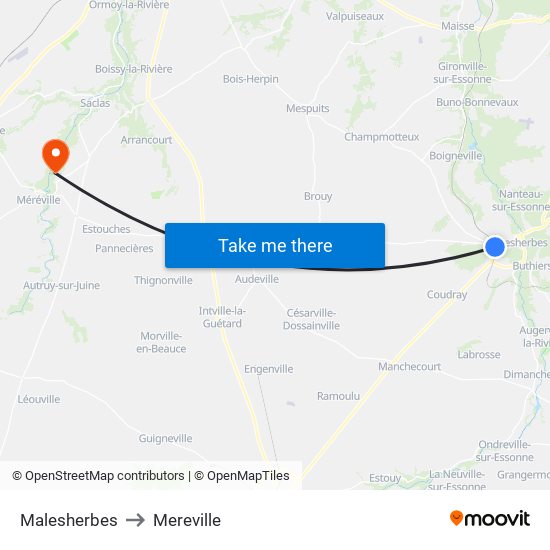 Malesherbes to Mereville map