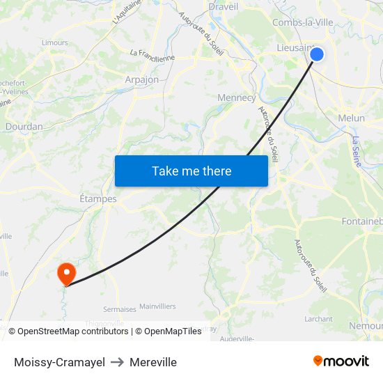 Moissy-Cramayel to Mereville map