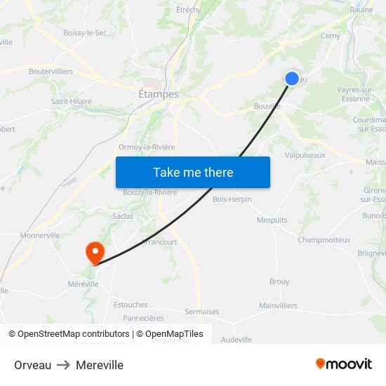 Orveau to Mereville map