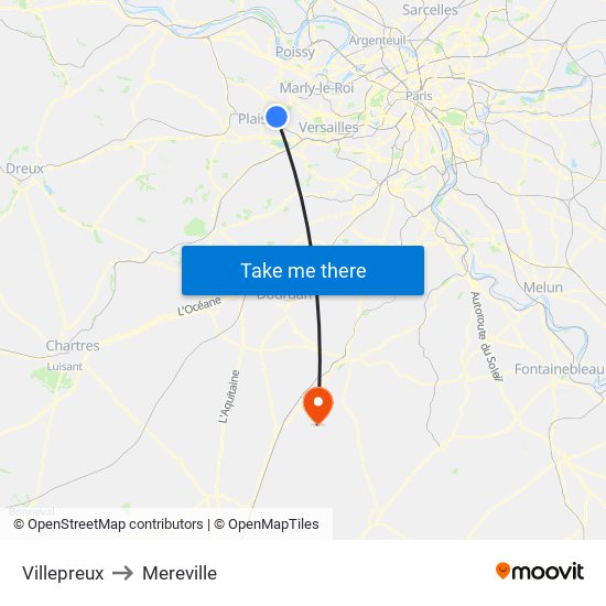 Villepreux to Mereville map