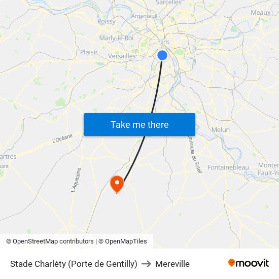 Stade Charléty (Porte de Gentilly) to Mereville map
